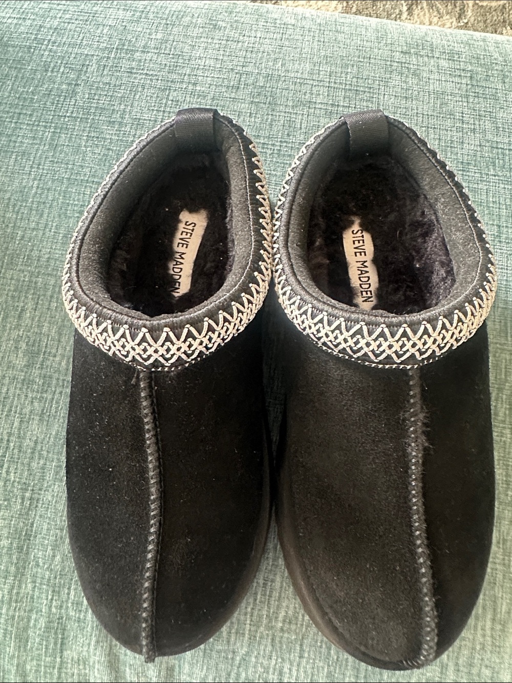 Steve Madden Black Suede Faux-Fur Lined Mules with Contrast Stitching